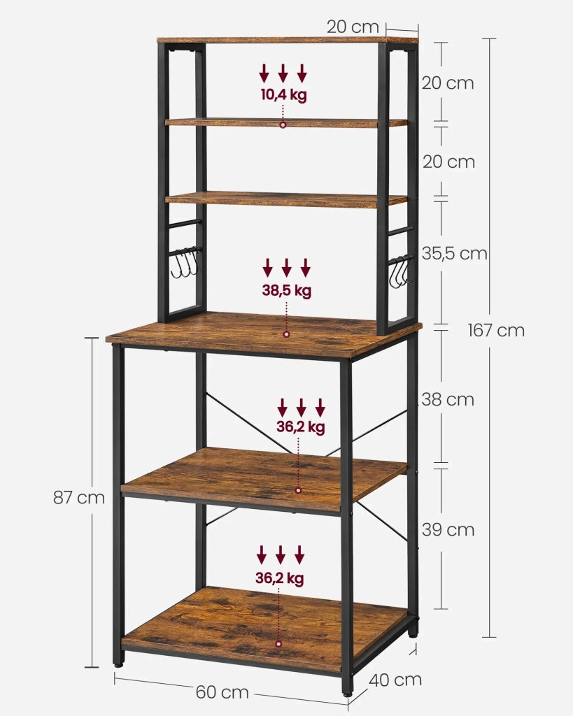 Scaffale da cucina con ripiani portaoggetti 6 ganci struttura in metallo per utensili forno a microonde stile industriale 80 x 40 x 167 cm marrone rustico e nero 12_0005649