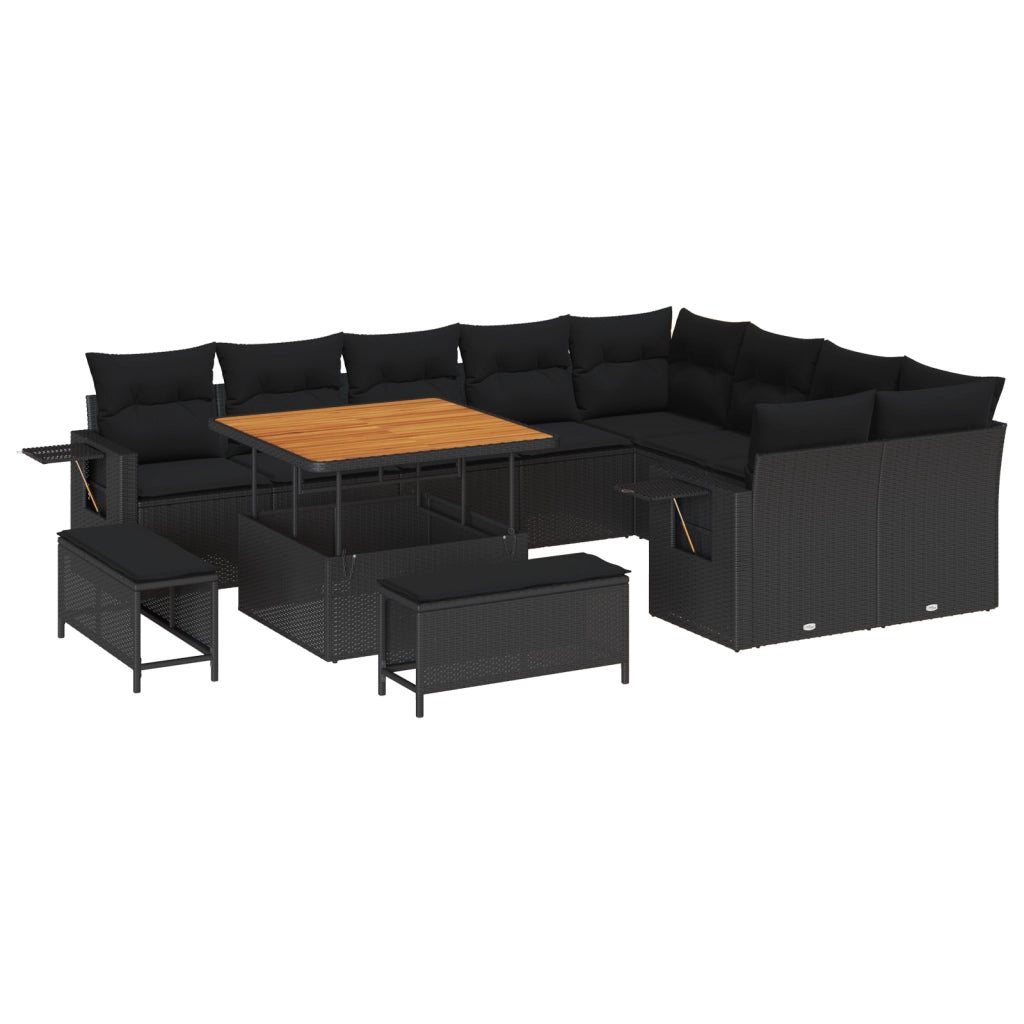 Set di Divani da Giardino  12 Pezzi con Cuscini neri in Polyrattan Acacia