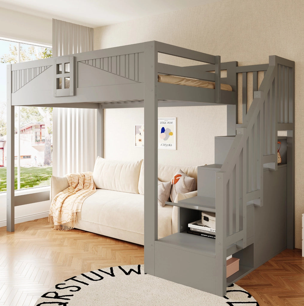 Letto a soppalco 140x200 cm in legno grigio con scala laterale reversibile e vani contenitore