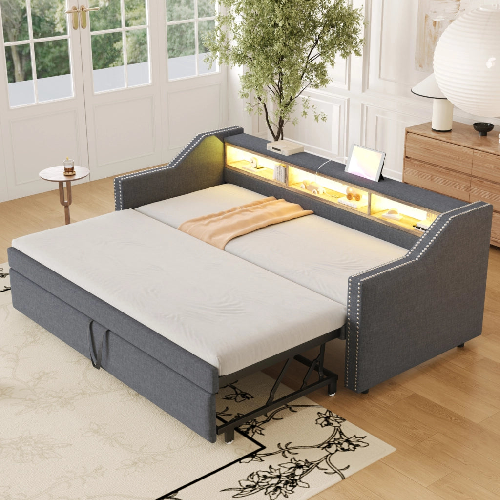 OKWISH Letto a Scomparsa Tipo Divano 90×190 cm e 180×190 cm, Letto Singolo con USB, LED Regolabile e 3 Mensole, senza Materasso, Grigio Scuro