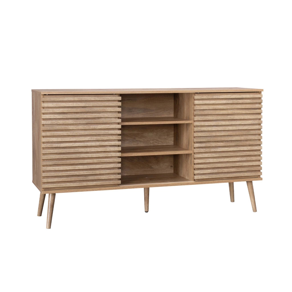 Credenza scandinava in legno con 2 ante scorrevoli scanalate, 140cm,