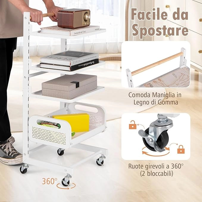 Carrello Portaoggetti a 4 Ripiani, Carrello Rotante Multiuso in Metallo con Ripiani Regolabili, Manico in Legno di Gomma e Ruote Universali Bloccabili, 35,5 x 29 x 84,5 cm
