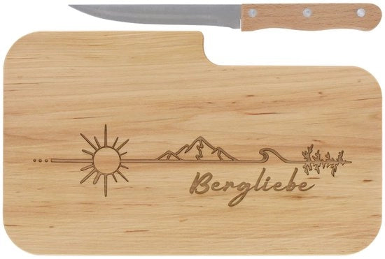 Tavolo da aperitivo in legno con incisione "Mountain Love" e manico | 26 x 15 cm | Tavolo da colazione, tavolo da taglio in legno, tavolo da aperitivo | Regalo per il padre per gli appassionati di escursionismo e della montagna