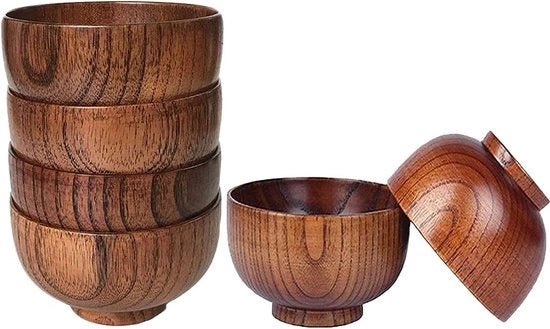 Set di 6 Piatti in Legno - Servizio, Piatti per Zuppa, Piatti per Colazione - Legno di Acacia - Piatto per Riso, Piatto per Insalata, Piatto per Tapa - Piatti Decorativi - Set di Cucina (10.5 x 6.7 cm)