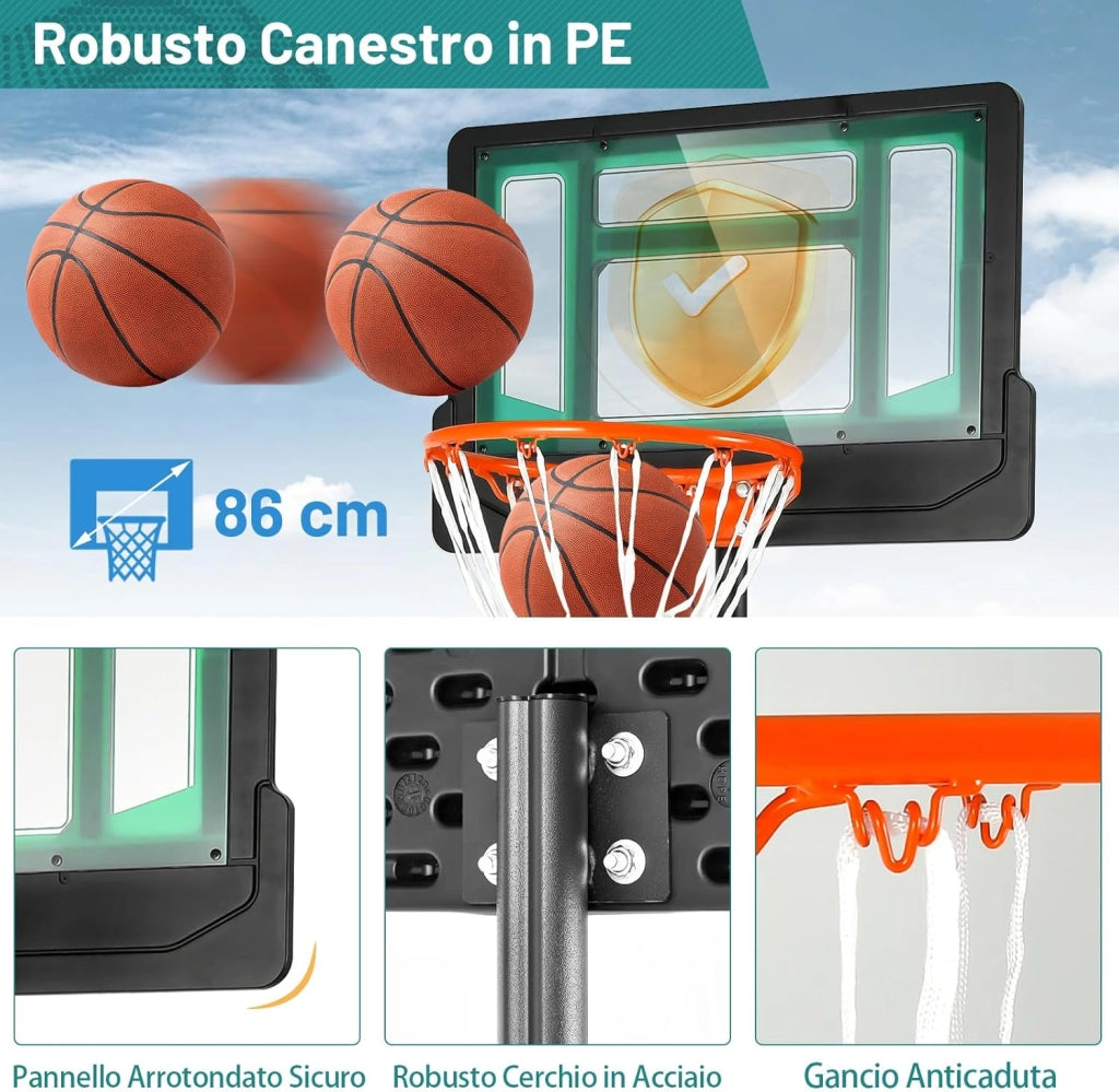 Canestro Basket da Interno ed Esterno Portatile e Regolabile in Altezza 90-210cm, Canestro da Basket per Bambini con Ruote, Incavo per Pallone e Tabellone Infrangibile