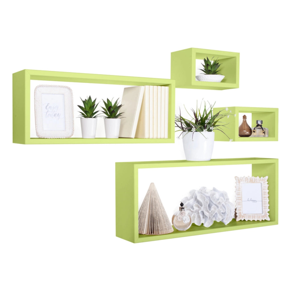 Set 4 Mensole da Muro Modello MERLINO, Pensile Bagno, Mensola Parete, Scaffale Parete. Misure 75x30 p15.5 cm, 60x25 p15.5 cm e 2 da 25x15 p15.5 cm. Finitura  VERDE - MADE IN ITALY