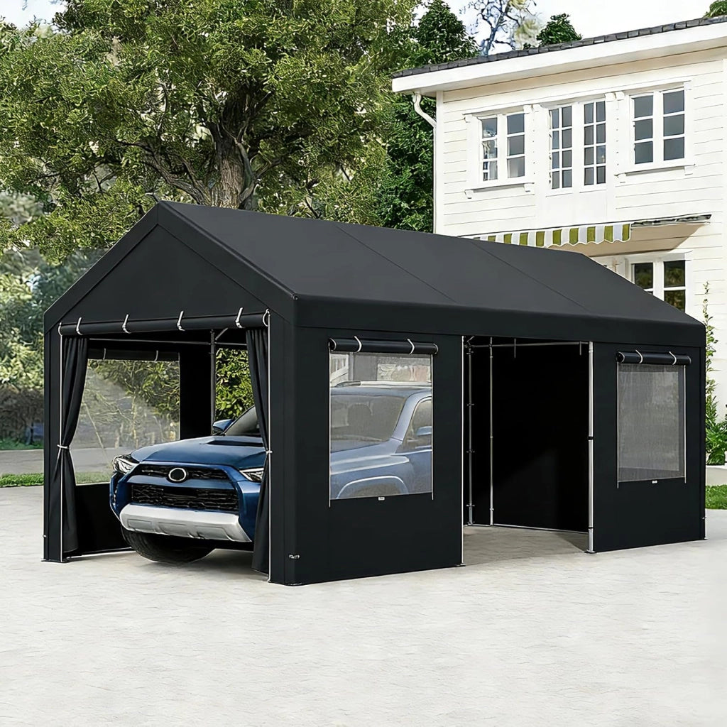 Tenda Garage Auto Esterno, Tettoia per Auto con Telaio in Metallo, Copertura in PE Resistente alle Intemperie, Capanno Giardino per Vehicolo, Bici, Moto, Attrezzi (Grigio, 363 x 600 x 295 cm)