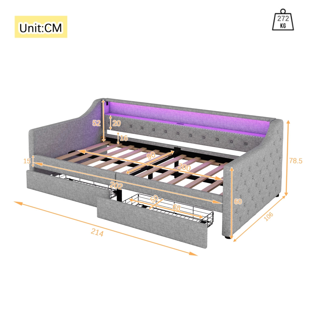LETTO Giorno 90x200 cm in lino e MDF grigio con LED, USB e 2 cassetti