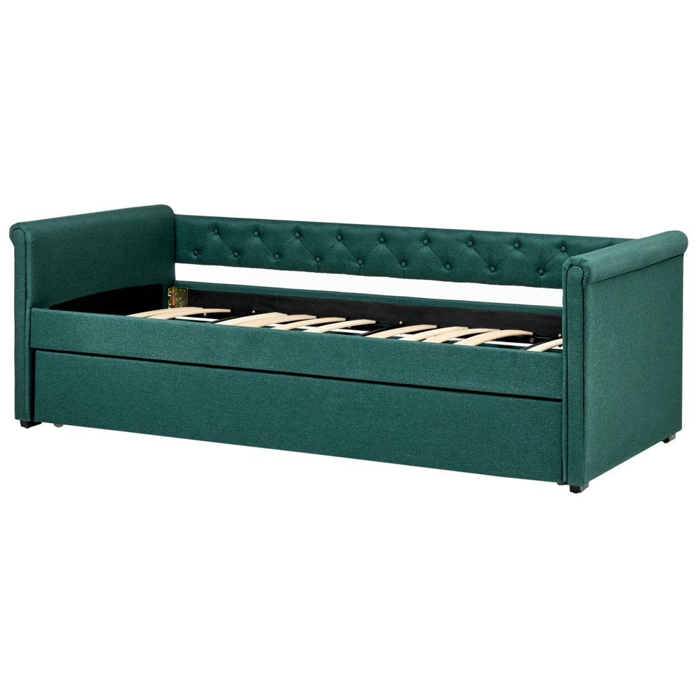 Divano Letto estraibile 90 x 200 cm Rivestimento in tessuto verde Misura singola sottoletto per ospiti abbottonato