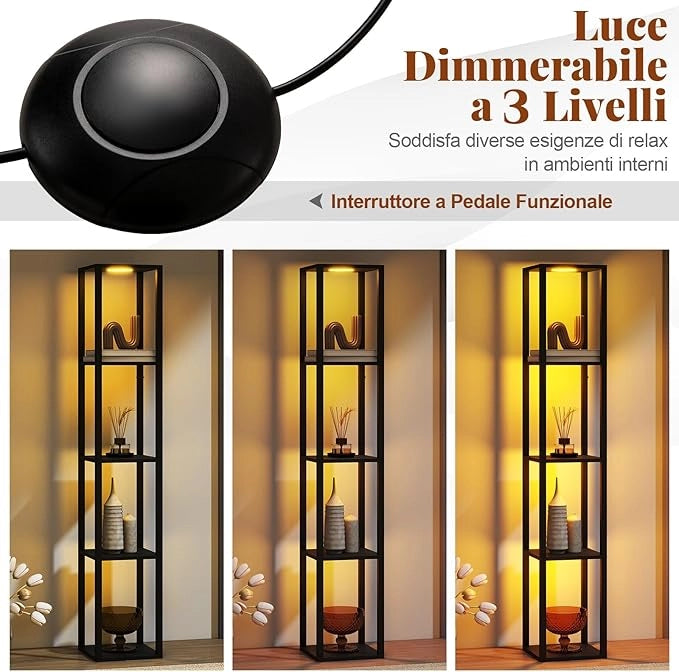 Lampada da Terra con Ripiani, Espositore Autoportante a 4 Livelli con Luci LED Dimmerabili a 3 Vie e Interruttore a Pedale, Lampada da Scaffale Moderna in Legno per Salotto e Studio