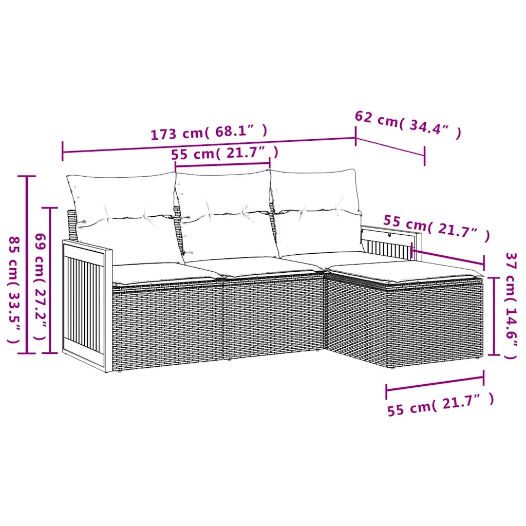 Set Divani da Giardino 4 pz | Set Salotto da Giardino con Cuscini Nero in Polyrattan