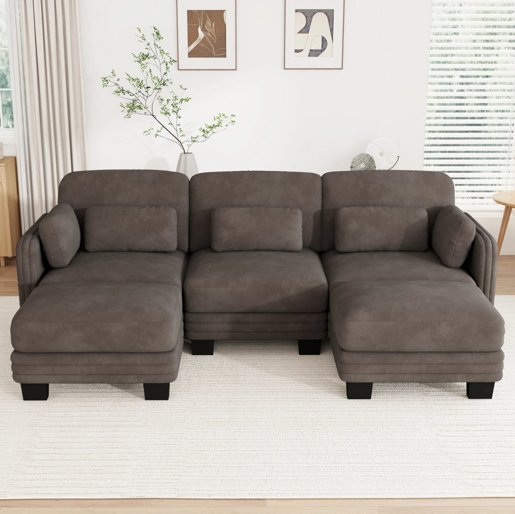 Divano modulare 253x143x88 cm in chenille con pouf e cuscini mobili; marrone