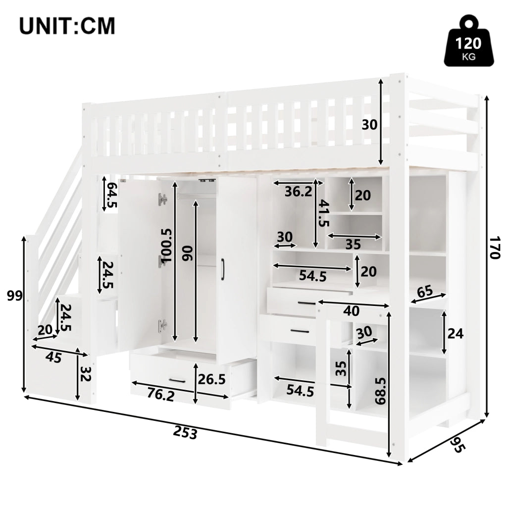 Letto a soppalco con scala contenitore, armadio e scrivania, 90x200 cm, bianco