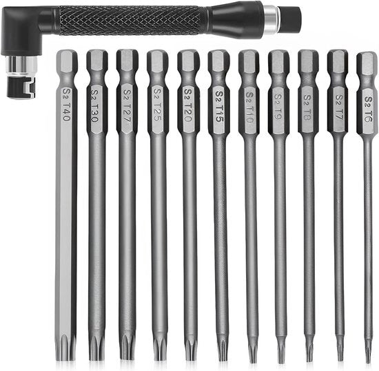 Set di 11 pezzi di bit per Torx in acciaio S2 da 100 mm - T6 a T40 - 1/4 pollice lunghezza - bit magnetico con sicurezza Torx per set di manici per elettrici e manuali + astuccio per bit a forma di L