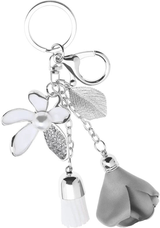 Accessorio per chiavi con fiori - 6 pezzi - Zinco lega - Strass - Etichette per chiavi - Ornamento per borsa - 15 cm di lunghezza
