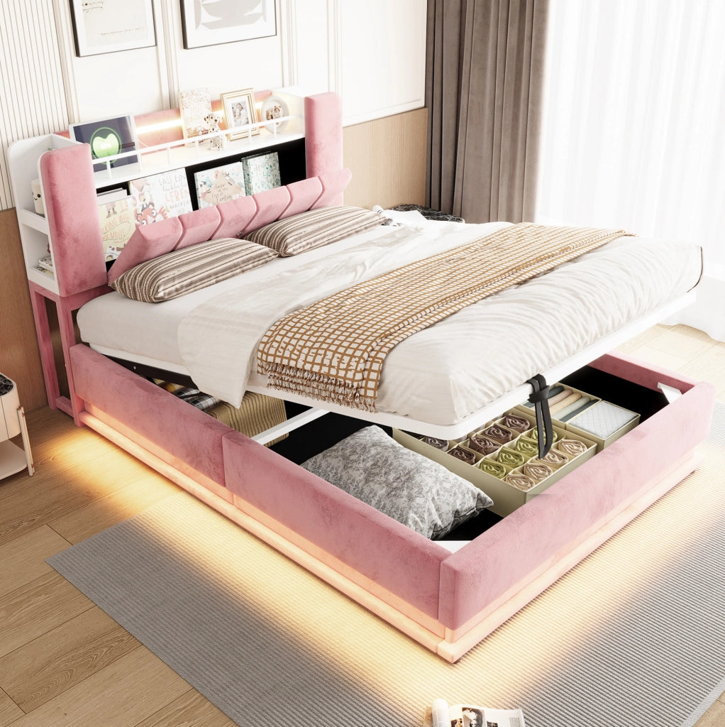 Letto imbottito 140 x 200 cm con LED; USB e contenitore idraulico in velluto rosa