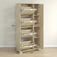 Scarpiera con Specchio per 16 Paia di Scarpe, 4 Cassetti a Ribalta e 2 Armadietti, 82x30x168cm, Rovere