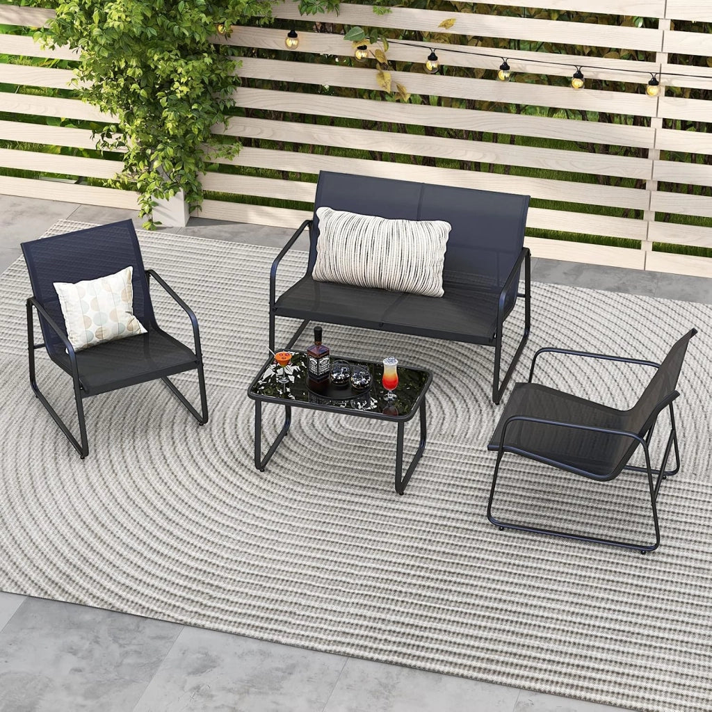 Set Tavolo e Sedie da Giardino 4 Pezzi, Tavolino in Vetro Portato 50 kg, Sedie Portata 150 kg, Panca Portata 300 kg, Set Bistro in Tessuto Textilene, per Cortile Terrazza Piscina (Nero)