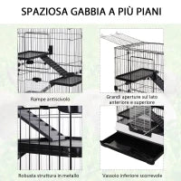 Gabbia a 3 Piani in Metallo con Vassoio per Roditori, Conigli e Furetti con 4 Ruote, 81.2x52.7x114cm, Nera