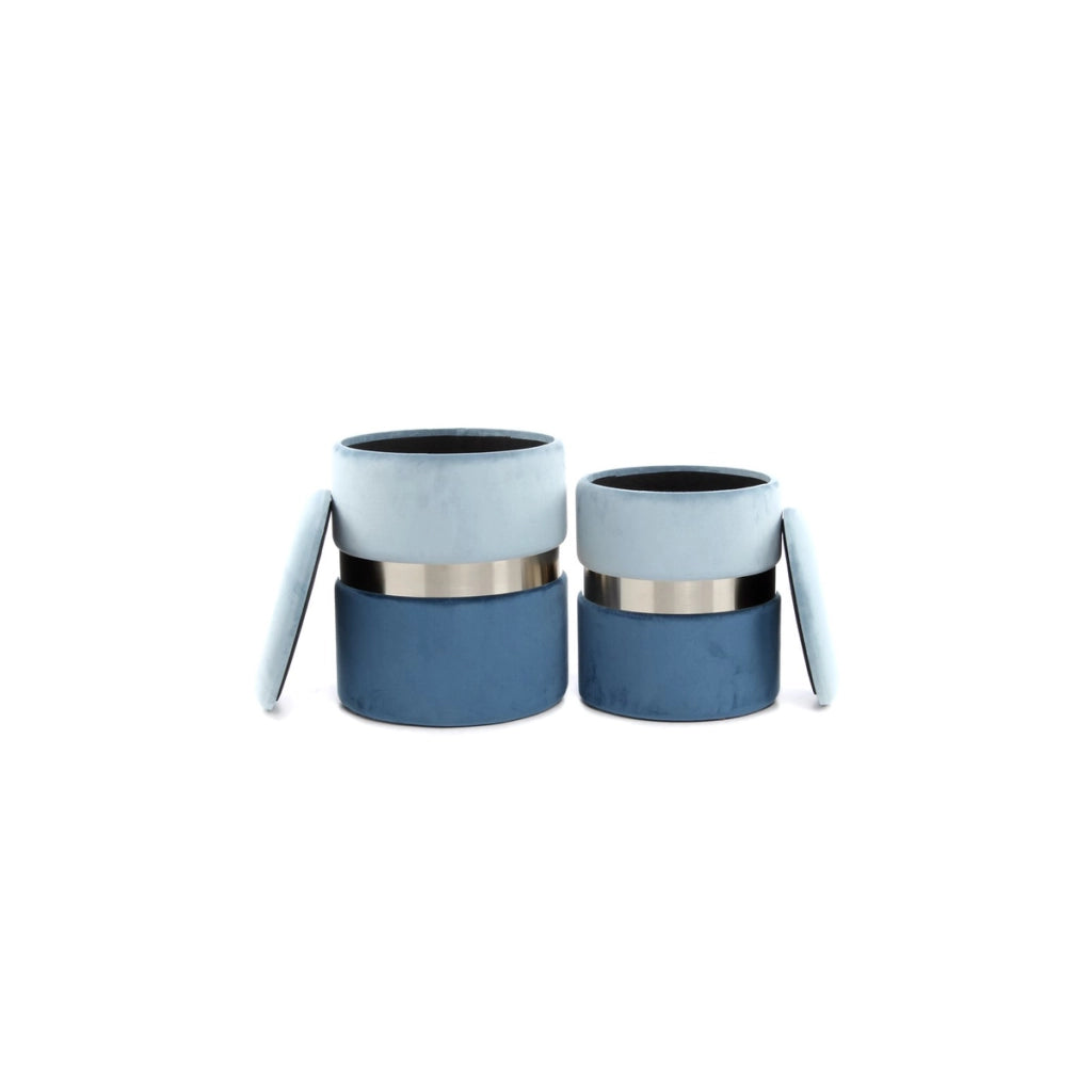 Set di 2 pouf contenitori Zora in velluto azzurro e argento