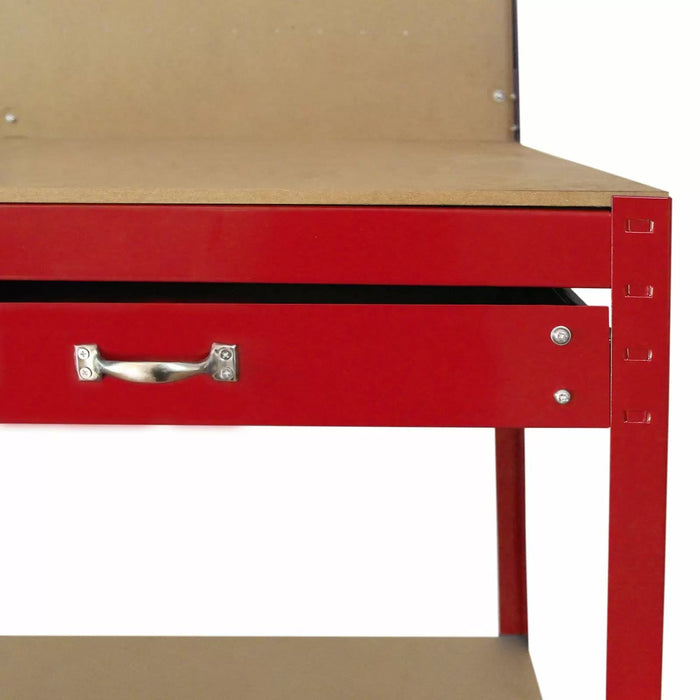 Banco da Lavoro Porta Attrezzi 120 cm in Acciaio con Parete e Cassetto Rosso