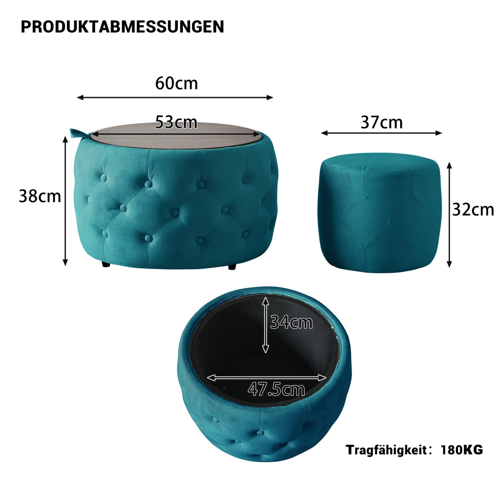 Pouf contenitore in velluto con vano portaoggetti e vassoio in legno blu 58 × 58 × 38 cm