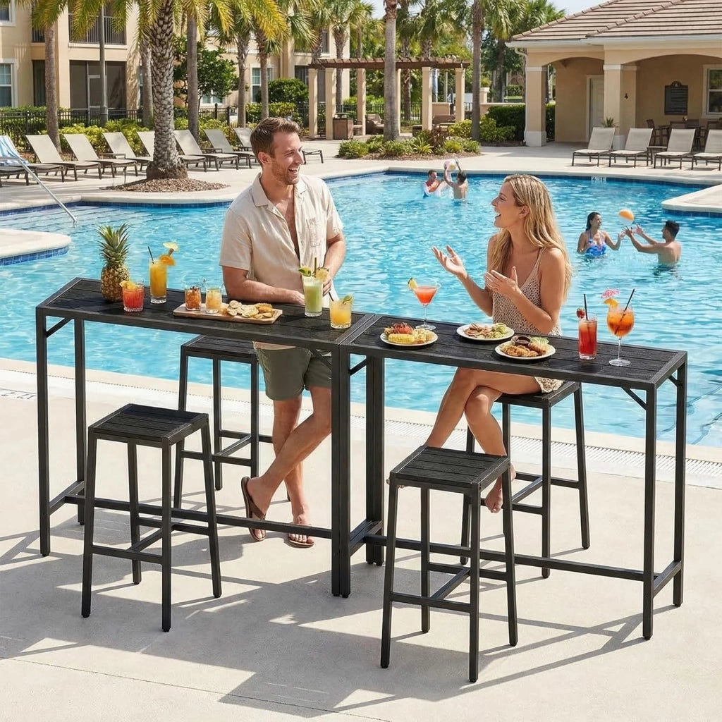 Outdoor Bar Table, 120 x 38 x 98 cm, Tavolo da Giardino Cortile con Piano Impermeabile, Tavolo da Bar Alto con Piedini Regolabili, adatto per Terrazza, Bordo Piscina, Soggiorno, Nero