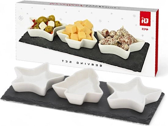 Set di servizio natalizio X-MAS - Piatto in legno e piatti di ceramica - Olive tapas e dips di formaggio - Design festivo - Decorazione della tavola natalizia.