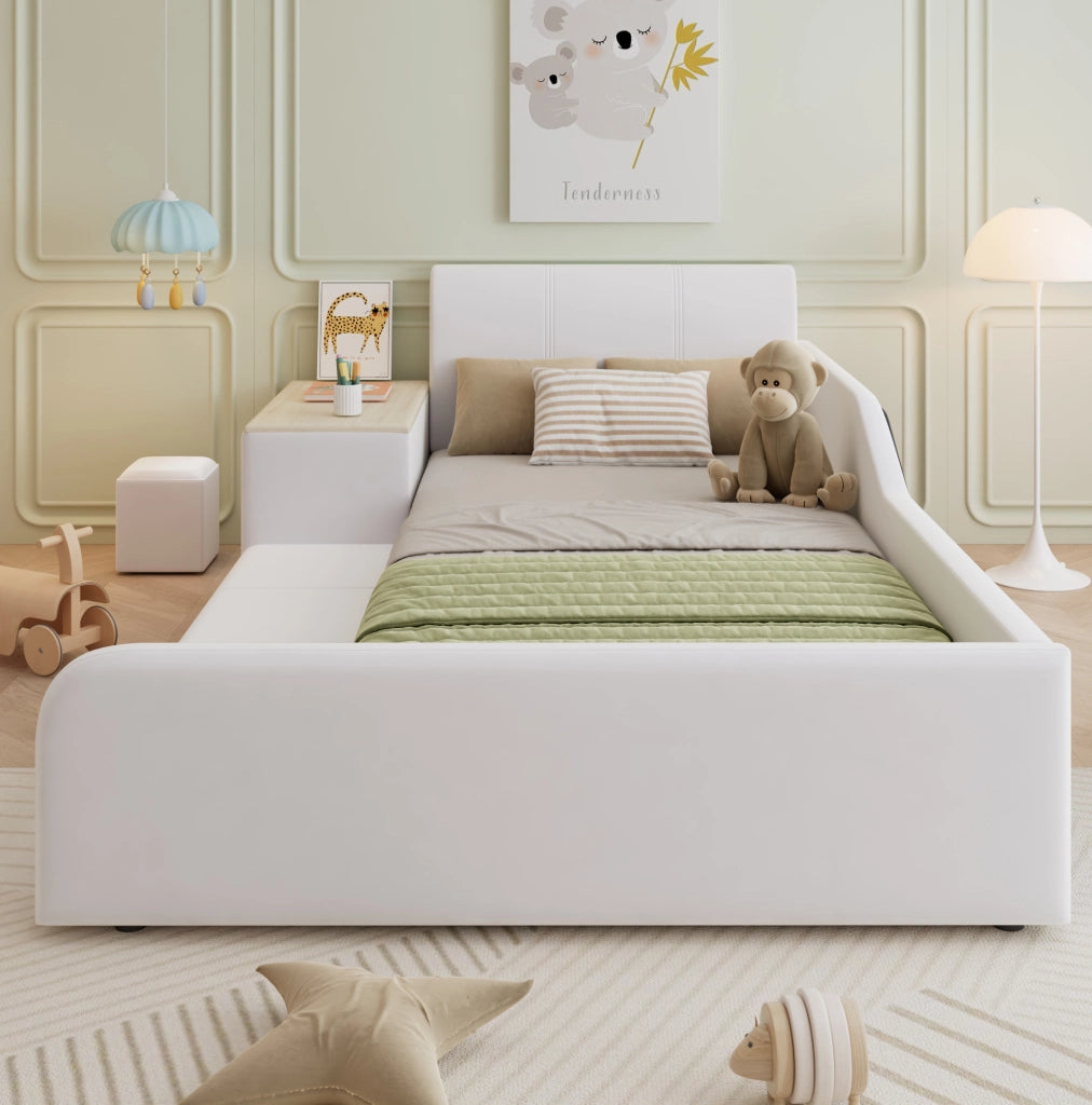 Letto imbottito 90x200 cm con scrivania; sgabello e ripiano in velluto bianco
