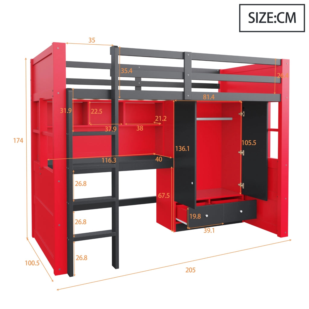 LETTO A CASTELLO 90x200 cm Nero/Rosso con scrivania, armadio e cassetti