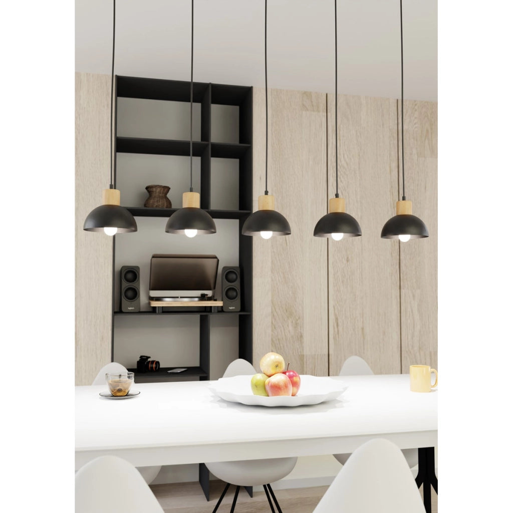 Lampada a sospensione Seco in acciaio nero opaco e legno
