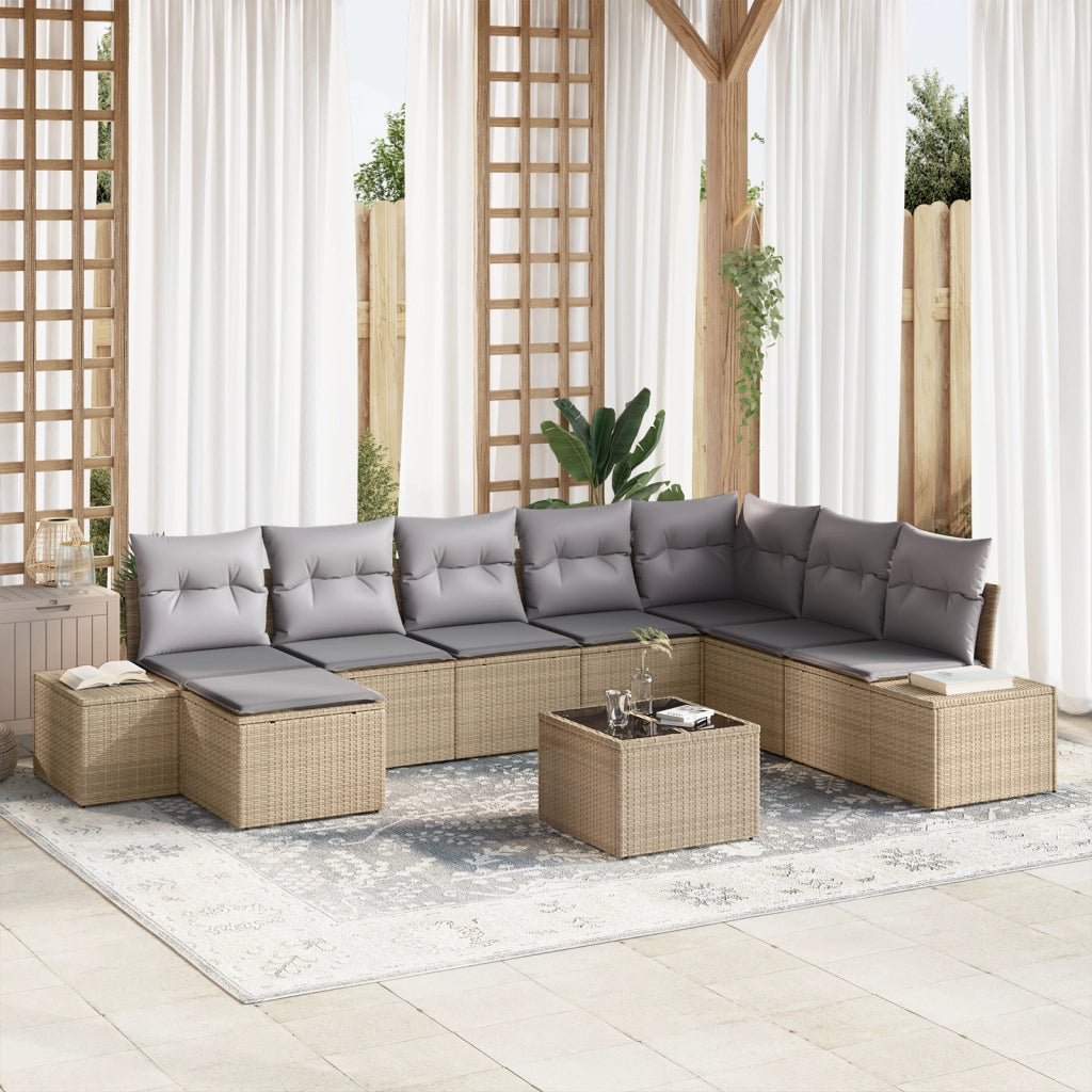 Set divani da giardino 9 pezzi con cuscini polyrattan neri