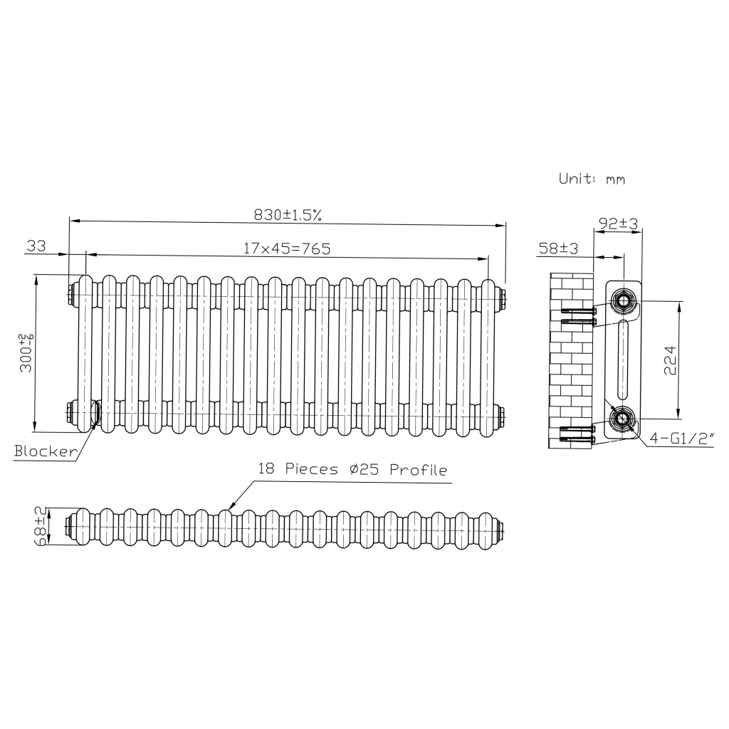 Radiatore 2 Colonne Orizzontale Metallo Grezzo 300 x 830 mm TRV