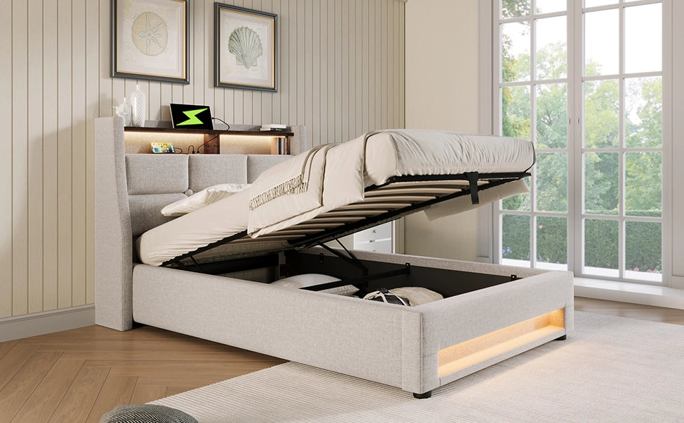 Letto singolo imbottito – 90x200 cm – LED rete metallica – lino beige