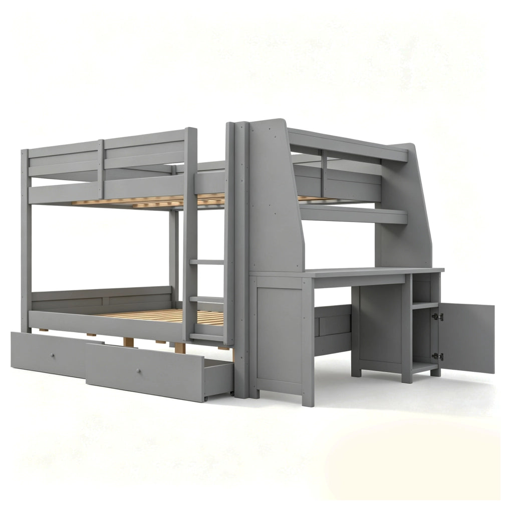 Letto a castello 140x200 cm con scrivania, cassetti e ripiani in grigio