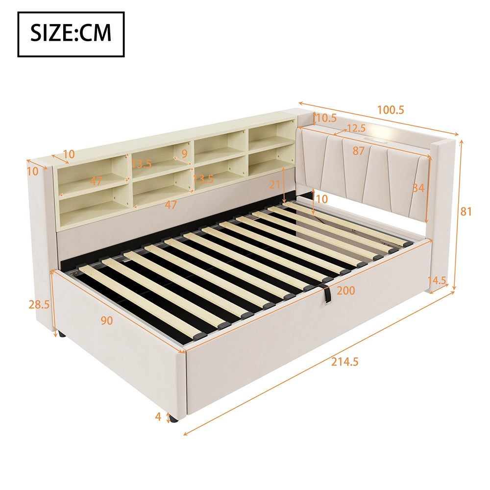 Divano letto-Xylo-90x200 cm-LED, USB-C, ripiani, velluto beige