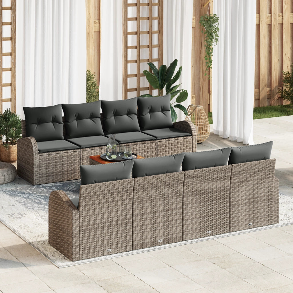Set di Divani da Giardino 9 Pezzi con Cuscini Grigio Rattan Polietilene Acacia