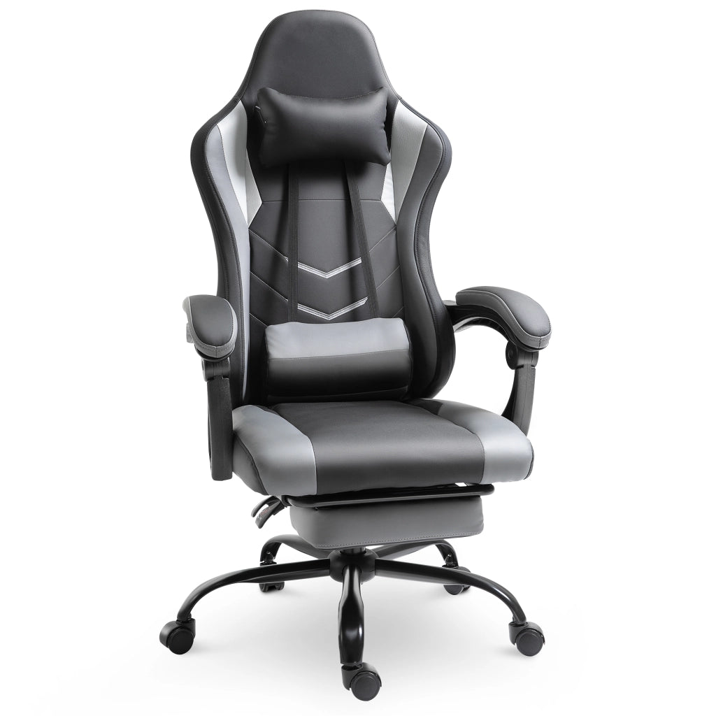 Sedia da gaming ergonomica reclinabile con poggiatesta, cuscino lombare e poggiapiedi, nera