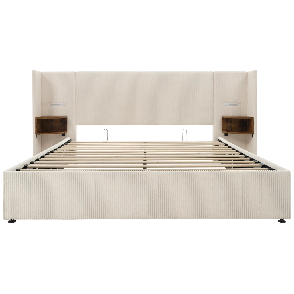 Letto matrimoniale 160x200 beige con contenitore, luce e ricarica USB