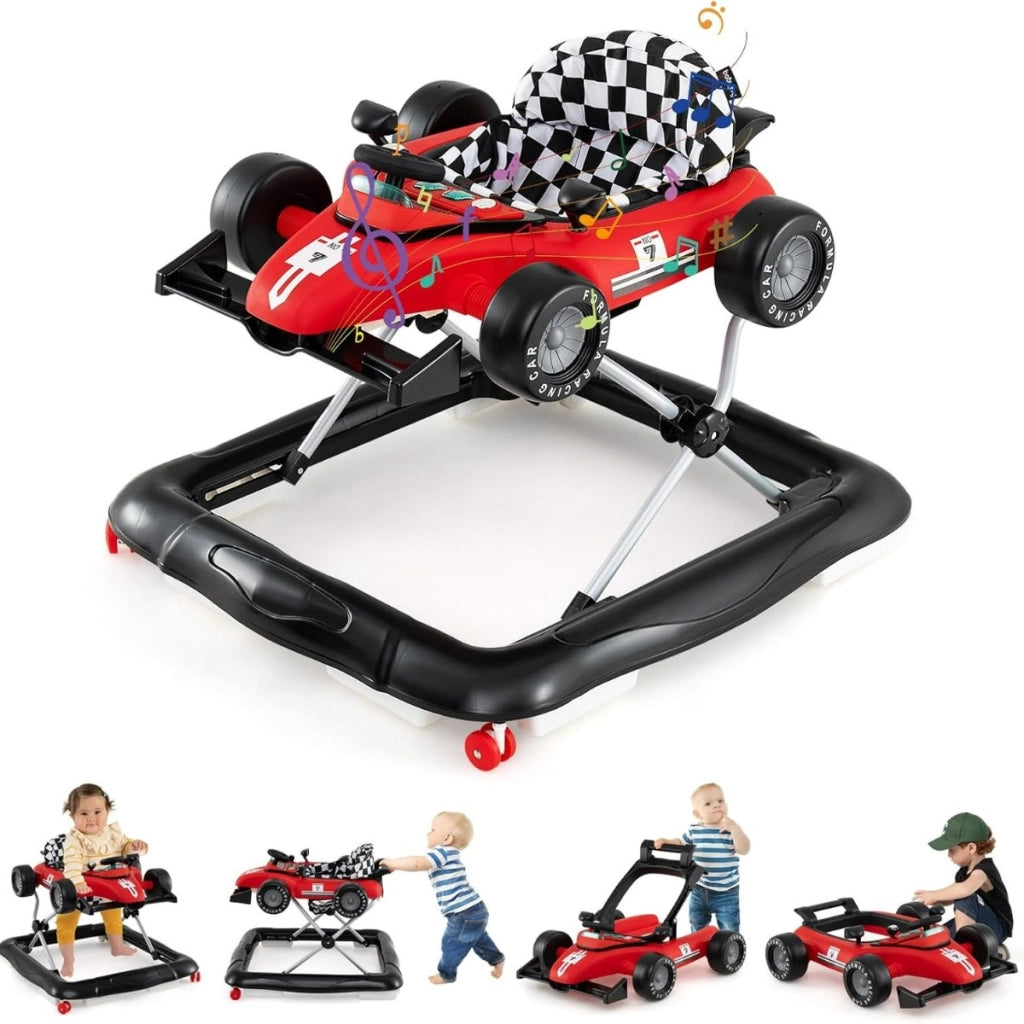 Passeggino 4-in-1 per bambini volante imbottito e scatola musicale, Centro attivit¨¤ con altezza regolabile a 3 livelli, Rosso-Passeggini per bimbi