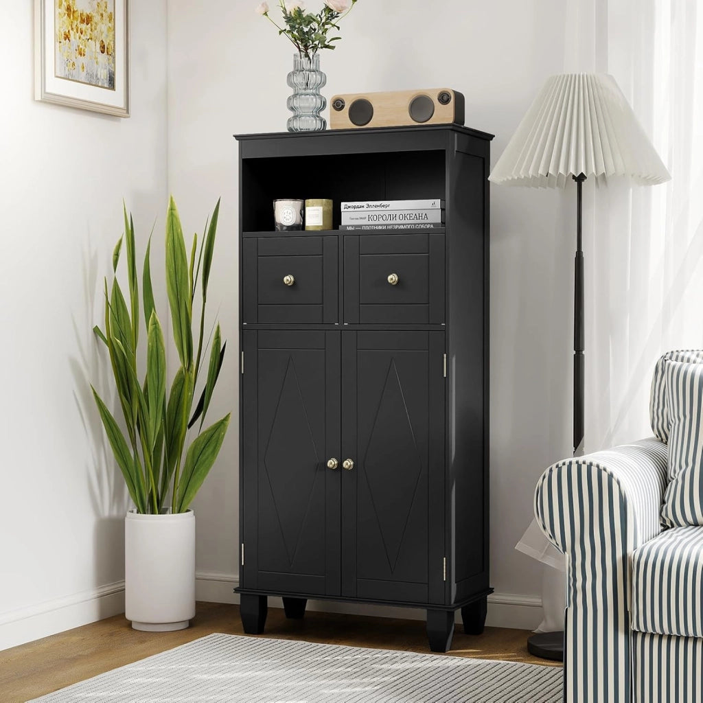 Armadietto da bagno da 108 cm, autoportante con 2 cassetti, ripiano regolabile e ripiano aperto, 56 x 30 cm, per lavanderia e ingresso (nero)