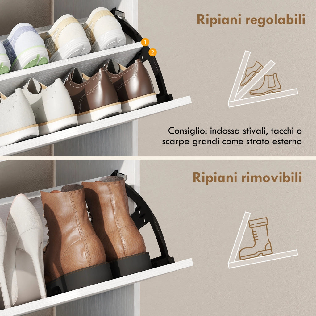 Scarpiera Slim 89x25x92 cm con Divisori Regolabili e Ripiani a Giorno in MDF Bianco