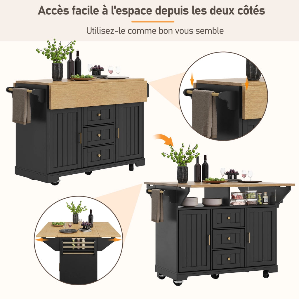 Carrello da Cucina con 2 Ante e 3 Cassetti; Piano Pieghevole; in MDF e Metallo; 120x40x95 cm; Nero