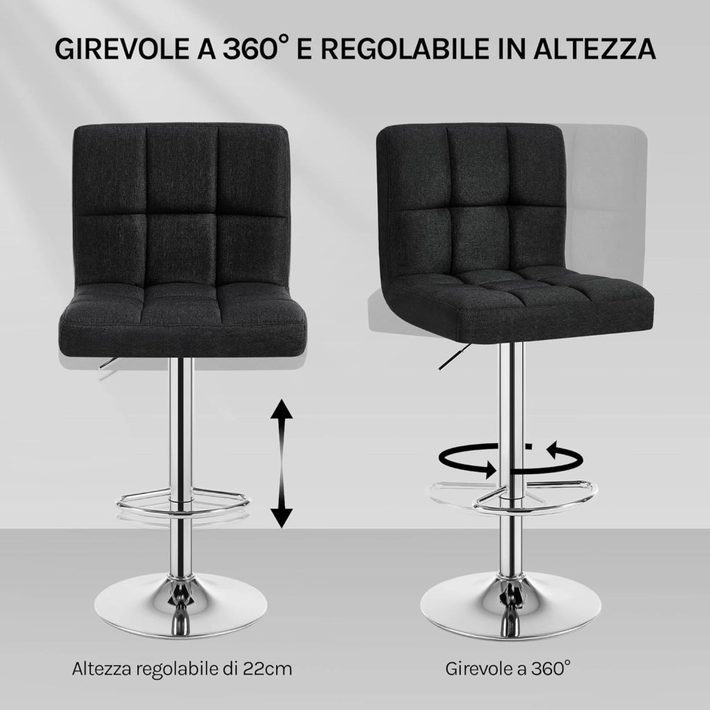 Sgabelli da Bar Sedia Cucina con Schienale Poggiapiedi Tessuto di Lino Cromato Altezza Regolabile Girevole Moderno Nero 1 Pezzo