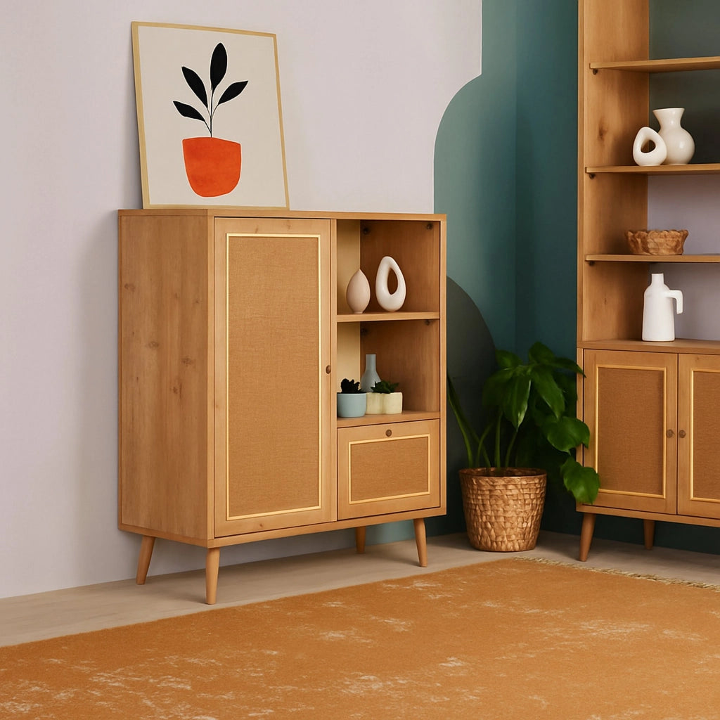 Credenza Jingu, Buffet da soggiorno, Madia da salotto, Dispensa da cucina, 90x40h110 cm, Quercia