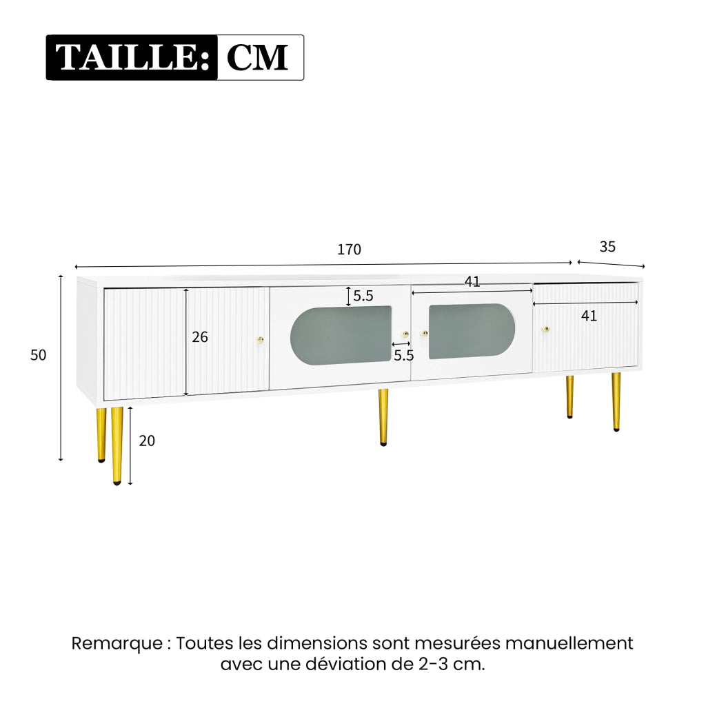 Mobile porta TV con 4 ante, 2 vani con vetro arcuato e 2 fori passacavi, per soggiorno, truciolato bianco, 170 × 35 × 50 cm