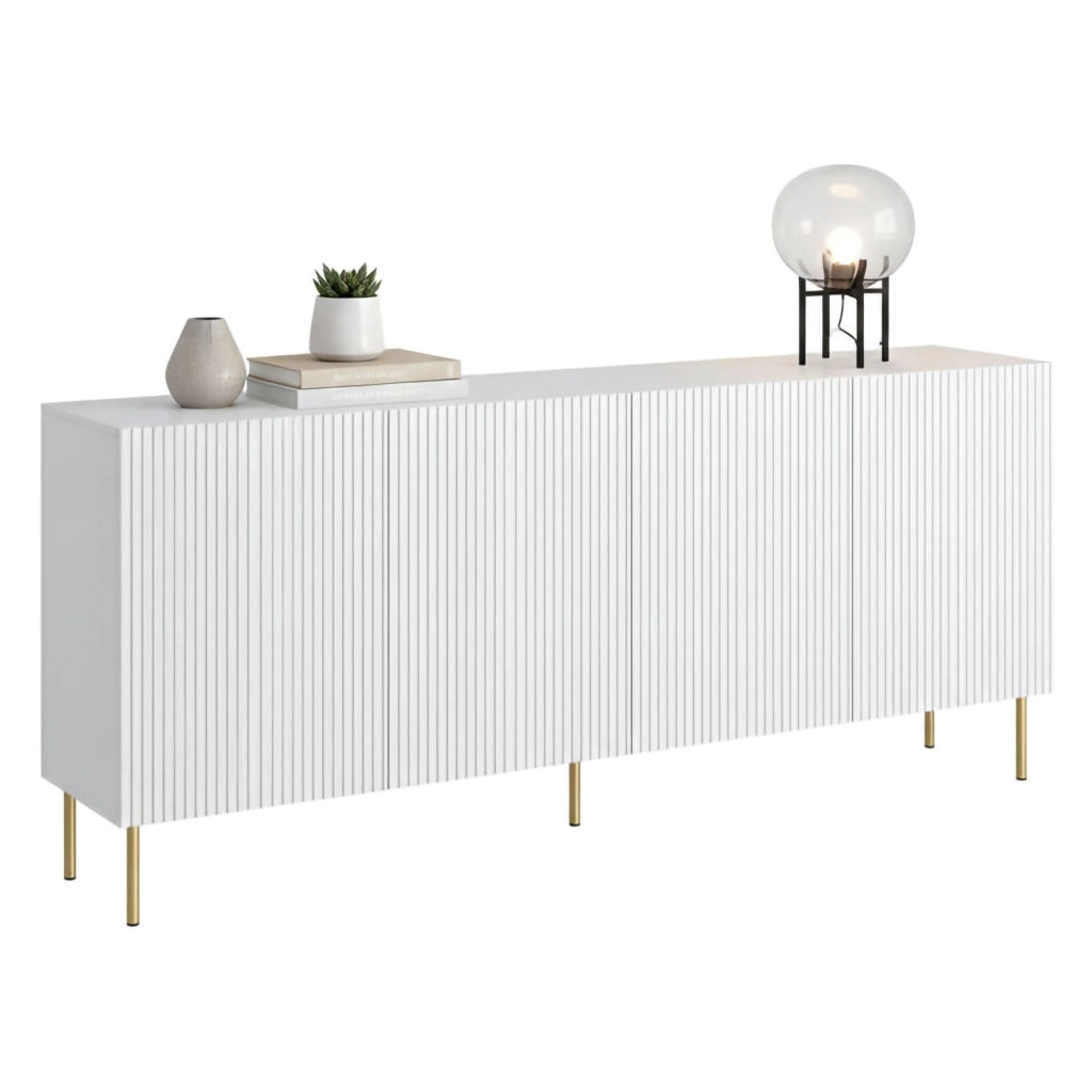 Credenza Londa, Madia da salotto con quattro ante battenti, Rialzato da terra, 200x42 h82 cm, Bianco
