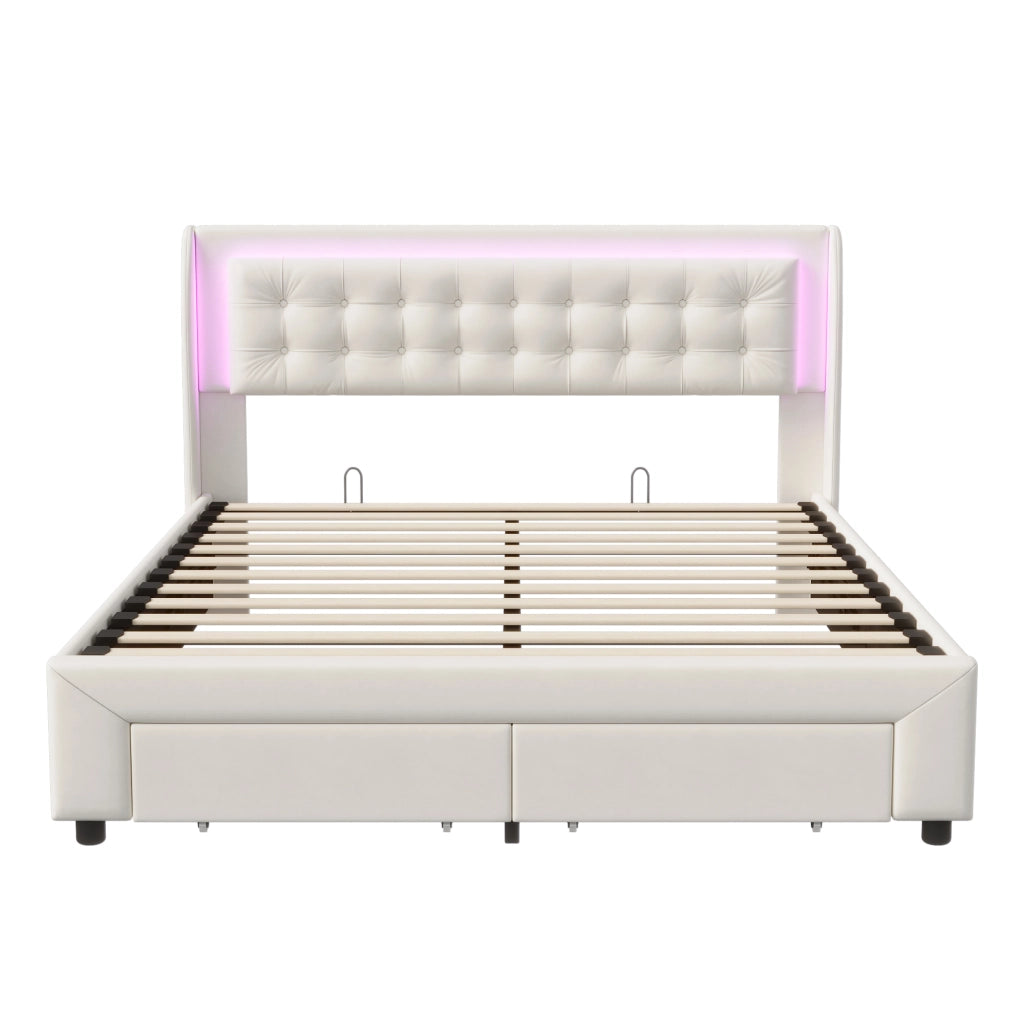 Letto imbottito con cassetto e LED in tessuto beige