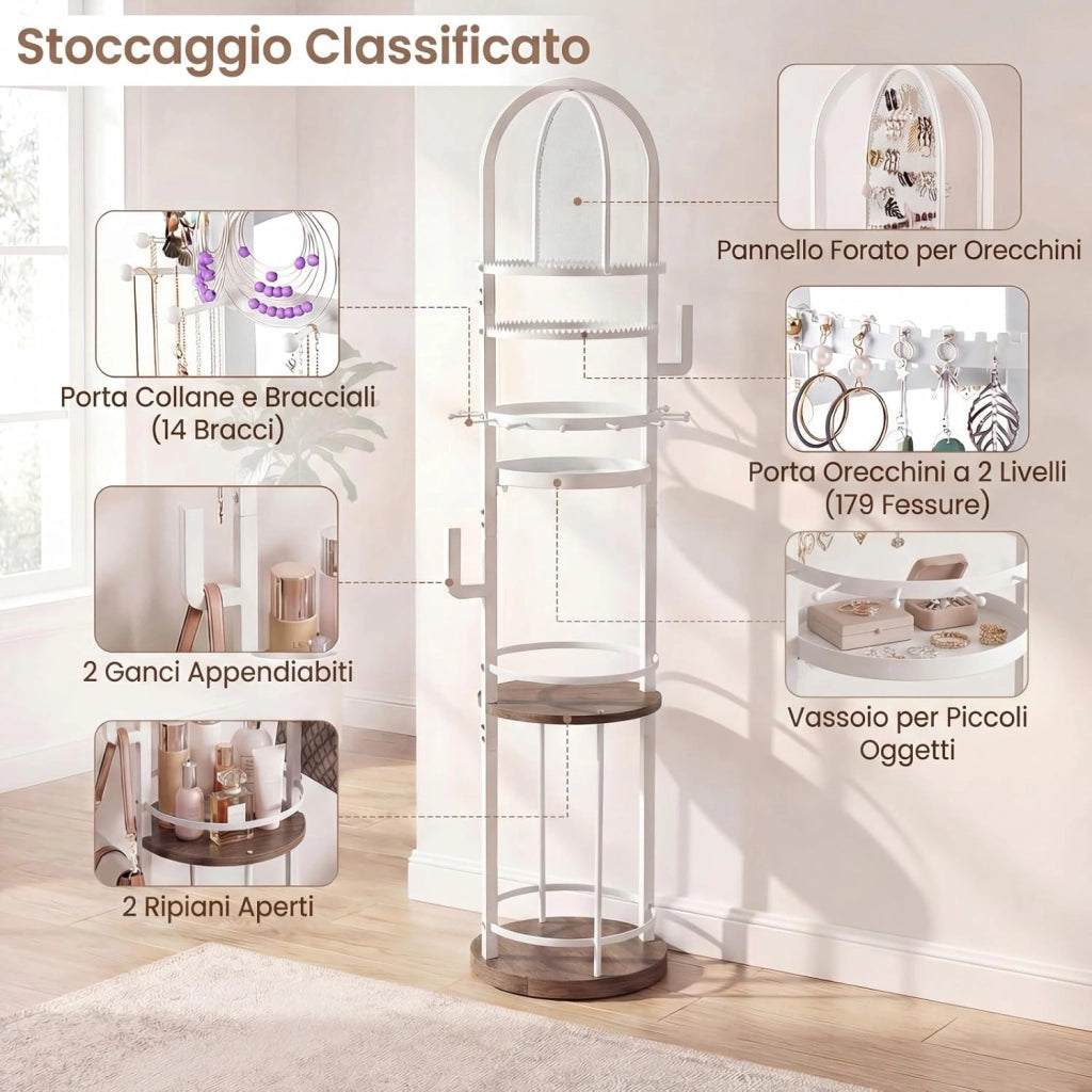 Supporto Porta Gioielli Girevole a 360°, con Portachiavi per Orecchini e Collane e 3 Ripiani, Torre Espositiva Porta Gioielli Autoportante (Grigio, Modello 1)