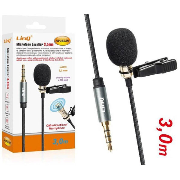 Trade Shop - Microfono Lavalier Jack 3,5 Mm Suono Omnidirezionale A 360° Cavo 3 Metri Av3553m -